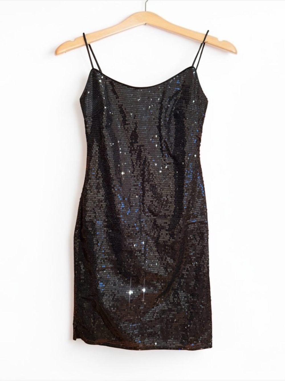 Bebe Sequin Dress Lined Spaghetti Straps Little Black Dress Size 6 NWT
